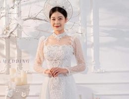 Áo dài cô dâu ren kim sa trắng