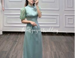 Áo dài bưng quả lụa màu xanh đá tay voal