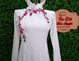 Áo dài trắng gấm tơ thêu hoa size M