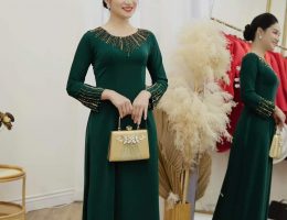 Áo dài mẹ lụa ngọc trai màu xanh rêu