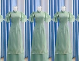 Áo dài bưng quả tay voal cánh tiên màu xanh